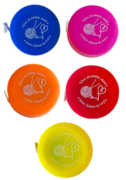 Tape Measure, Knitting Themed "Love In Every Stitch"  Assorted Colours (Inches & Centimeters)